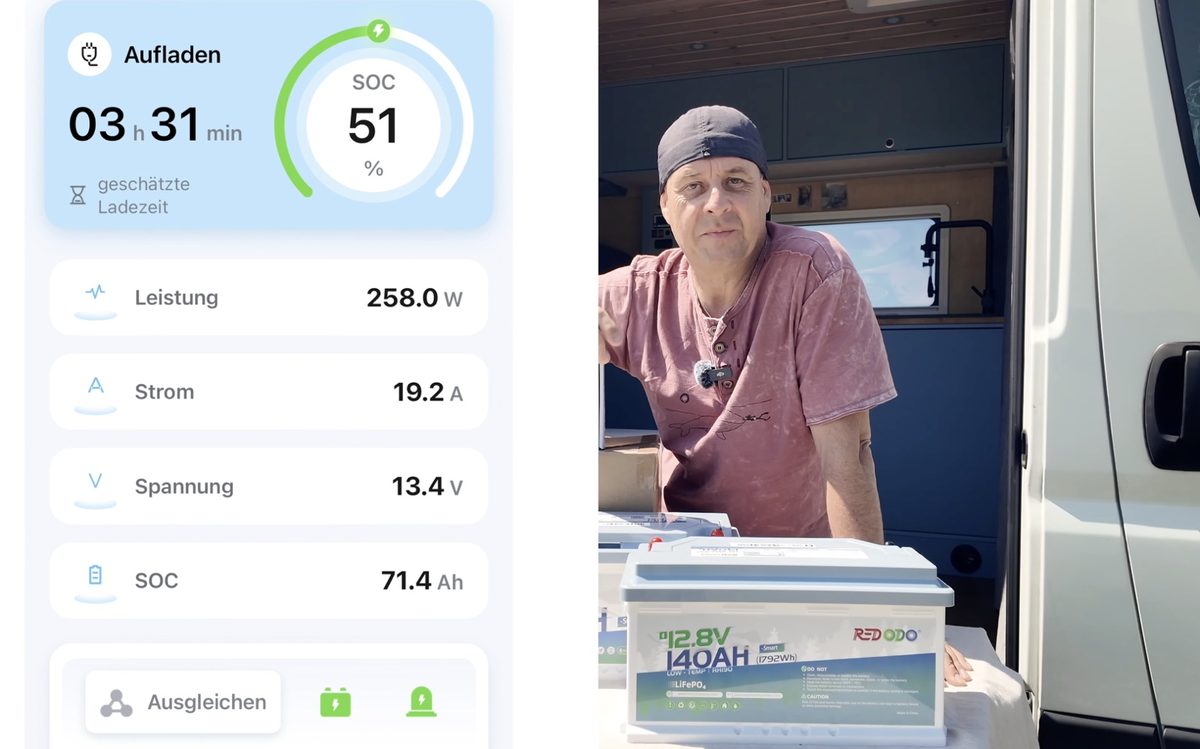 Redodo App zeigt Bluetooth Batterieüberwachung mit 51 Prozent Ladezustand