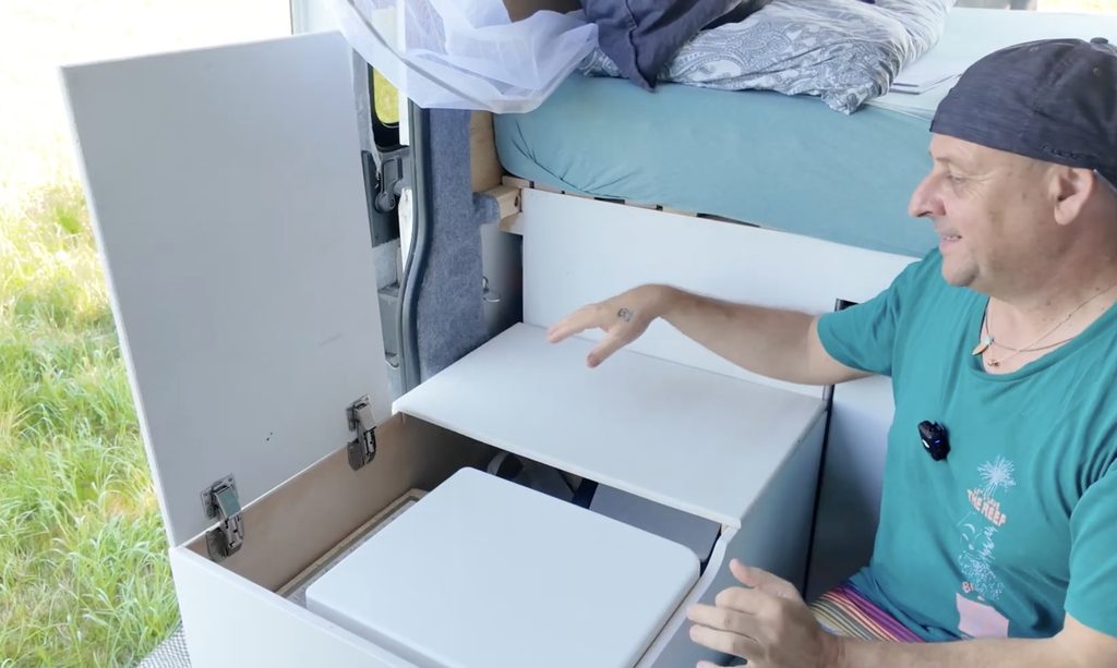Platzbedarf der Trelino Trenntoilette in der Sitzbox im Camper Ausbau