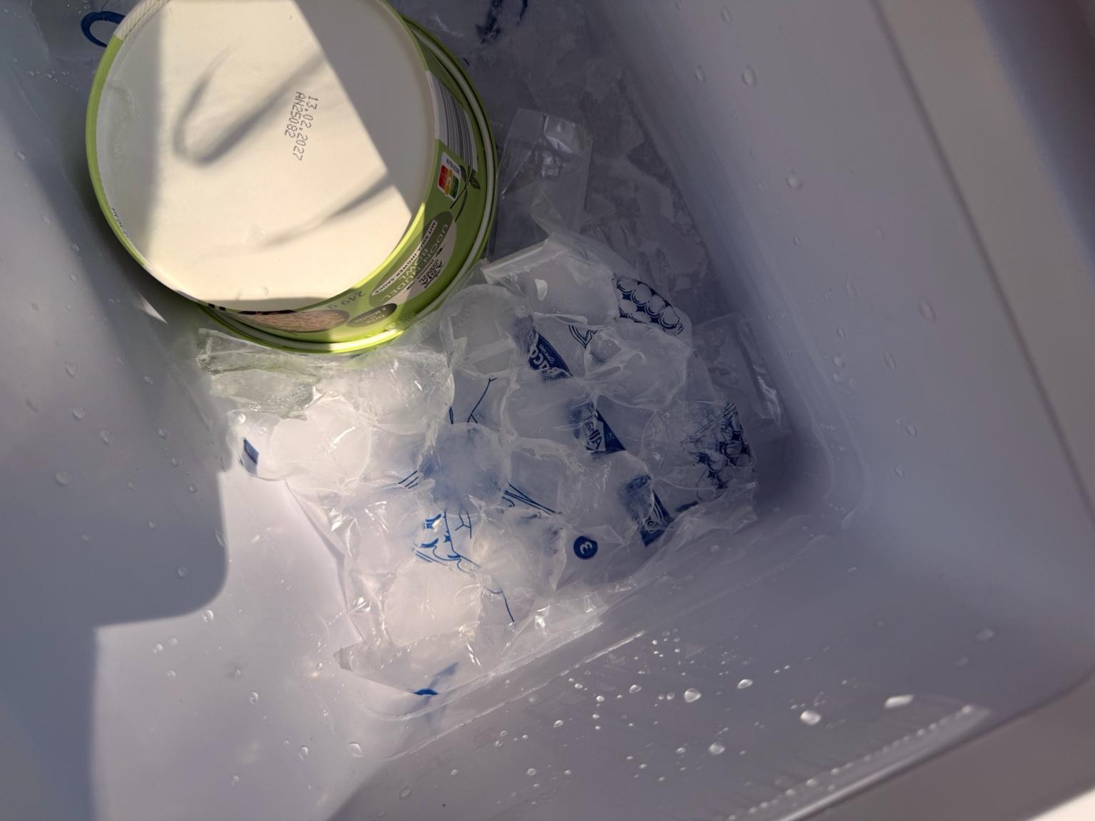 Gefrierfach der Kompressor Kühlbox mit gefrorenen Eiswürfeln