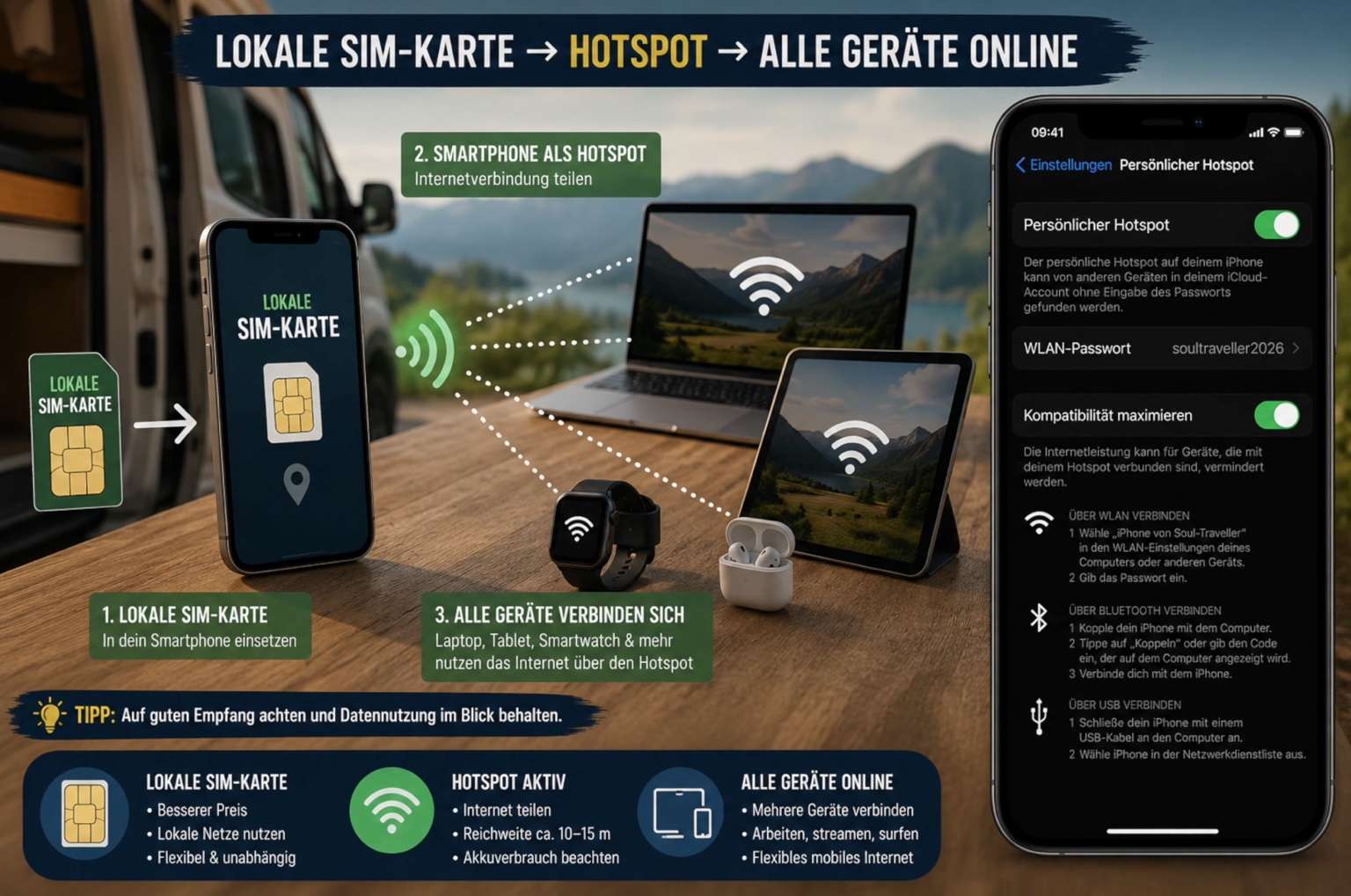 Lokale SIM-Karte im Smartphone einsetzen und per Hotspot mehrere Geräte im Camper verbinden